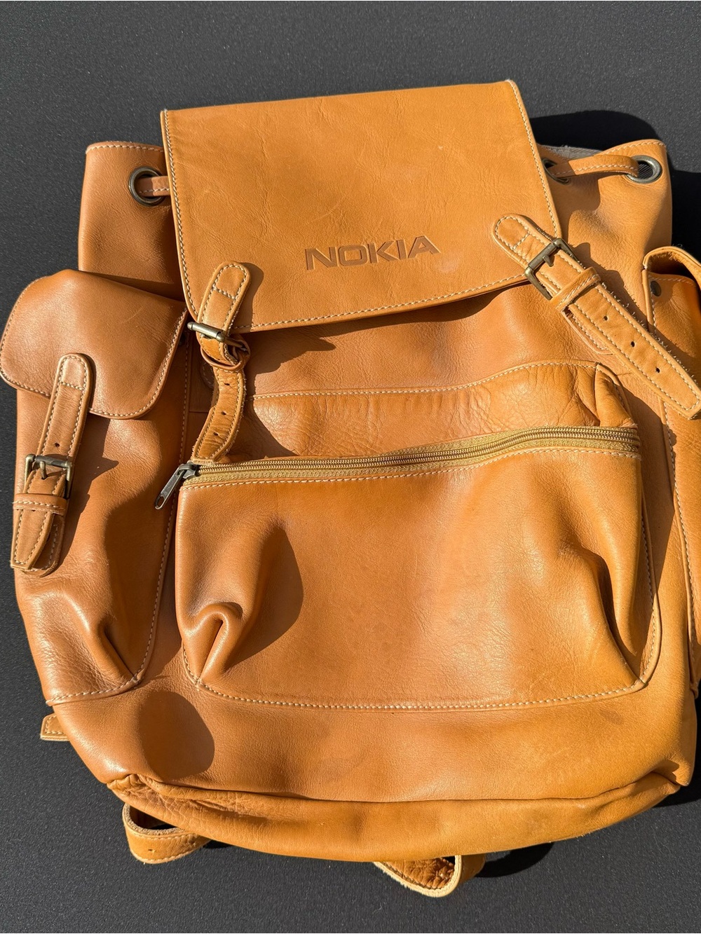 Vintage Nokia Leather Backpack Rucksack — Ellington Style — Tan Brown Y2K Promo